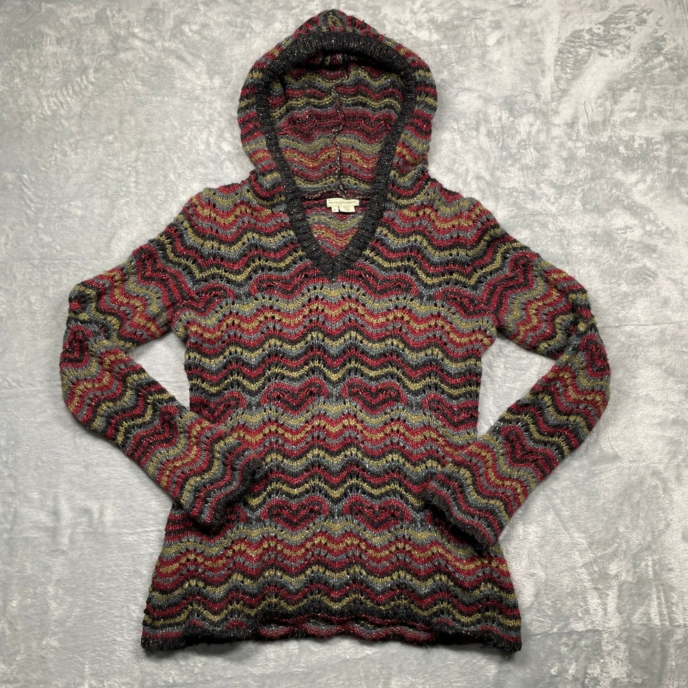 Royal Robbins Hooded Sweater Womens Large Multi Chevron Zigzag Knit Metallic